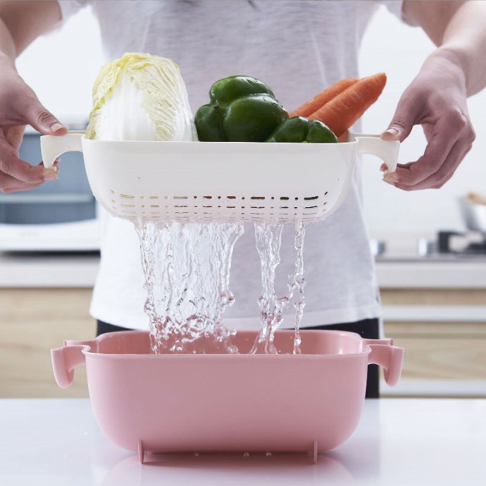 【Fire New】 Fruit Vegetables Washer Strainer 2in1 Kitchen Strainer Colander Bowl Set Multifunctional Double layer Drain Basin Basket Storage