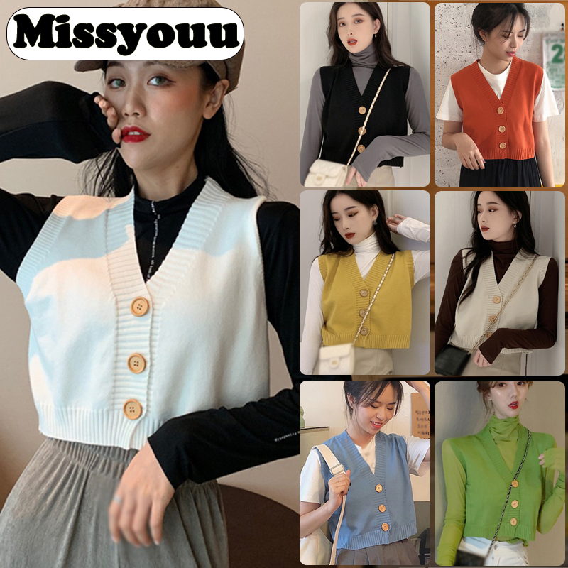 Missyouu Áo Len Ngắn Dệt Kim Thường Ngày Không Tay Màu Trơn Cổ Chữ V Cho Nữ