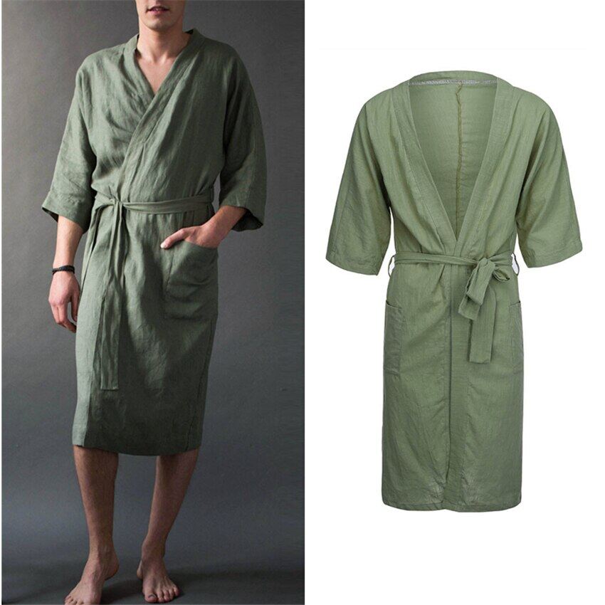 Áo choàng tắm cho nam đồ ngủ áo choàng tắm spa bằng vải lanh màu trơn áo choàng nam cổ kimono phong cách nhật bản áo choàng ngủ mỏng thoải mái