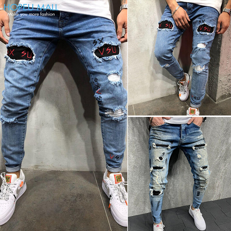 HOPEU Quần Bò Rách Dài Cho Nam Quần Denim Dáng Ôm In Họa Tiết Thời Trang Phong Cách Mới, Quần Jean Nam Quần Jogger Biker Co Giãn Đau Khổ Co Giãn Quần Thường Ngày Có Khóa Kéo Của Jins Rip