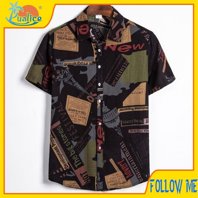 [Yualice] Mùa Hè Phong Cách Hawaii Khâu Mẫu Thời Trang Tay Ngắn Batik Áo Sơ Mi Nam Giản Dị