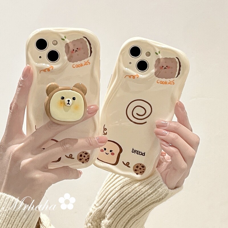 Mrhaha Phone Case+Bracket for iPhone 15 14 13 12 11 Pro Max X Xr Xs Max 7 8 14 Plus SE 2020 Ins High-quality Glaze Cartoon Cute Bear Beautiful Phone Case Silicone Protective Cover🌈Ready Stock