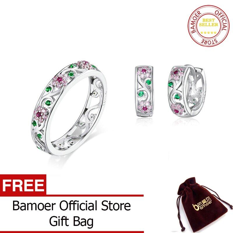 Bamoer khuyên tai hình hoa mùa xuân bằng bạc sterling 925 và nhẫn đeo ngón tay cho nữ bộ trang sức phụ kiện trang sức tinh xảo zhs203