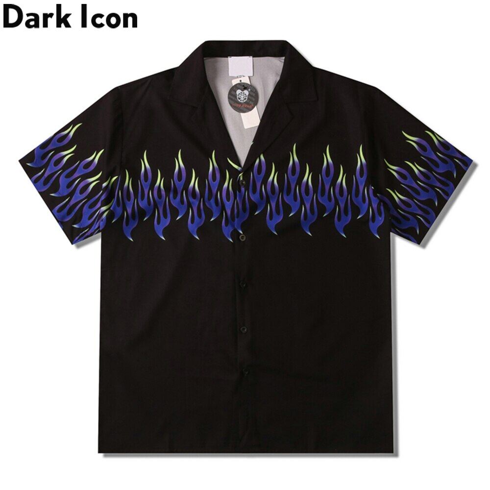 Dark icon áo sơ mi nam tay ngắn ngoại cỡ in hình ngọn lửa áo sơ mi cao cấp màu đen sáng cho nam