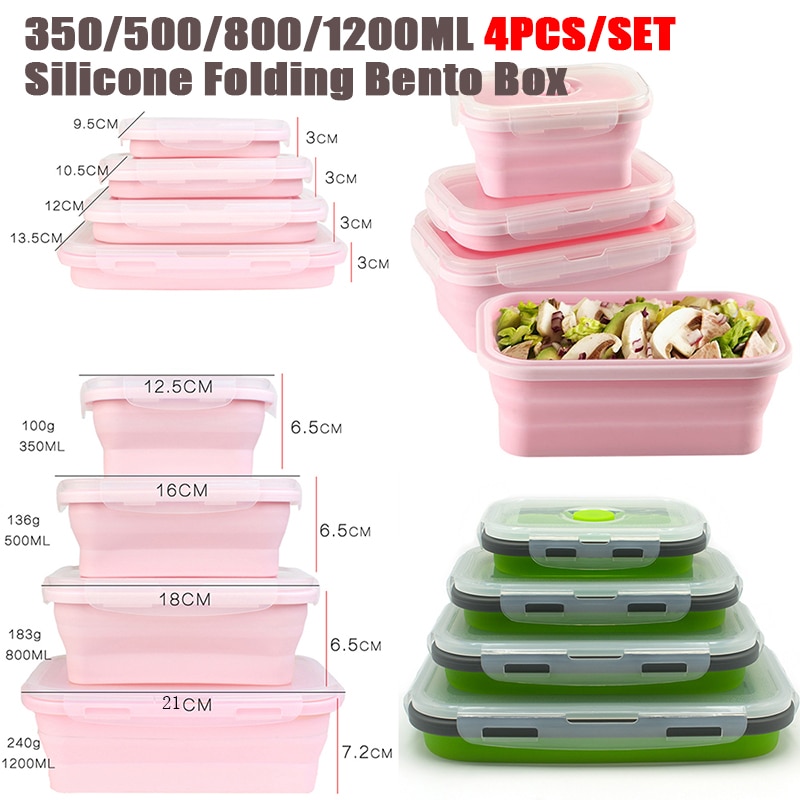 4Pcs/Set Silicone Rectangle Lh Box Collapsible Bento Box Folding Food Container Bowl 300/500/800/1200Ml For Dinnerware