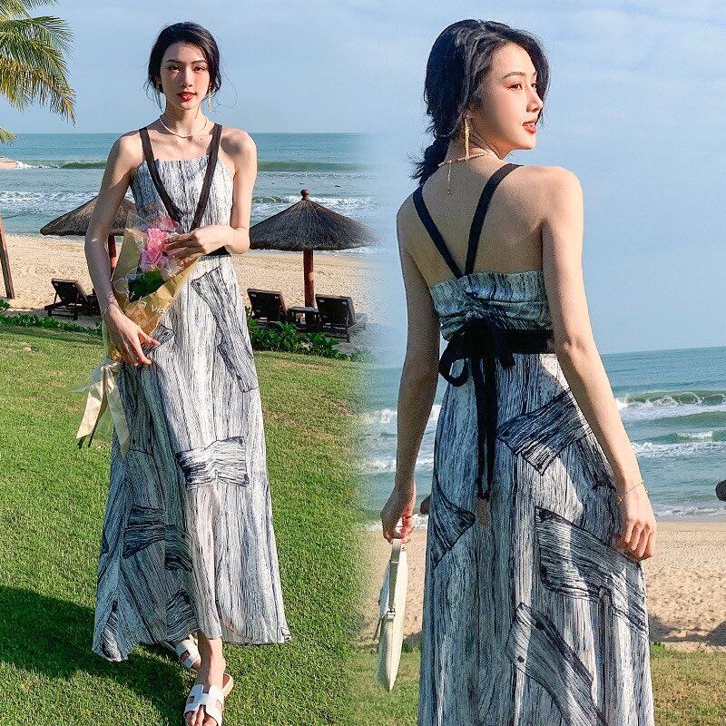 Piaopiao, váy nữ, váy dây, dây đeo, váy dài voan, váy đi biển thời trang, váy nghỉ mát bên bờ biển, nữ