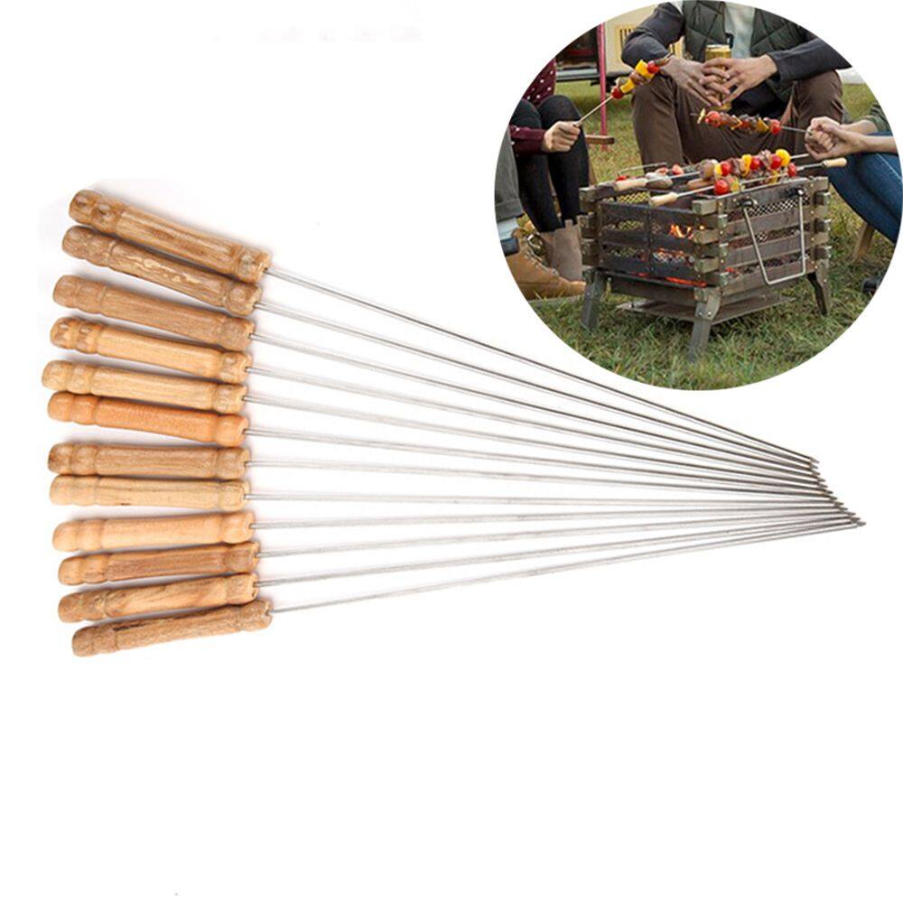 guogu36036 10 Cái Xiên Xiên Nướng Thịt Bằng Thép Không Gỉ Cán Gỗ Thời Trang, Que Nướng Kebab BBQ