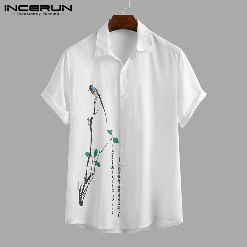 INCERUN Áo Sơ Mi Nam Ngắn Tay In Hình Cho Kỳ Nghỉ Áo Cánh Công Sở Áo Cài Cúc Thường Ngày Tee