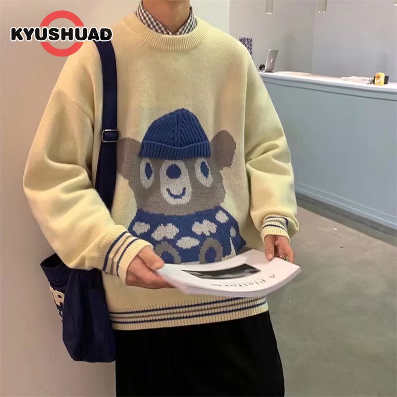 Kyushuad áo len dài tay hoạt hình mới mùa đông cho nam áo len chui đầu cổ tròn áo gấu