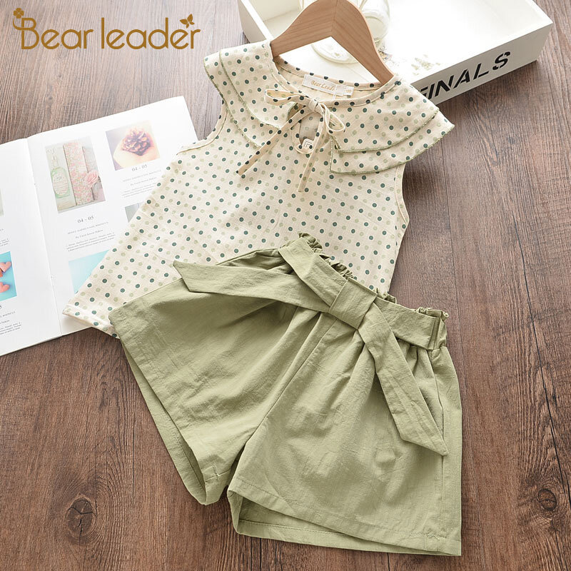 Bộ Quần Áo Bé Gái Bear Leader 2019, Thời Trang Mùa Hè Mới, Cổ Bẻ, Kiểu Áo Chui Đầu, Quần Áo Trẻ Em Chấm Bi Dễ Thương, Ren + Nơ Ngắn, Bộ Quần Áo Trẻ Em 2 Món Cho Trẻ Em 2-6Y