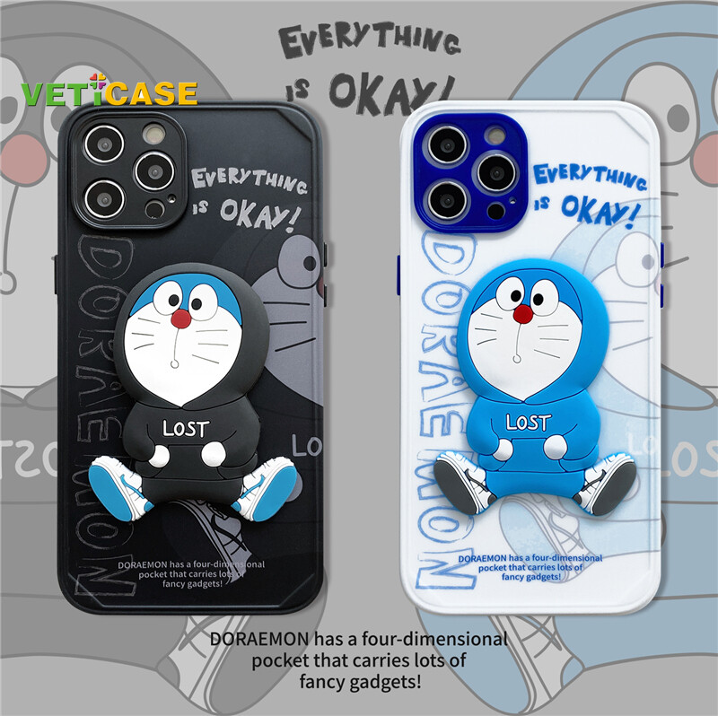 VETICASE Ốp Điện Thoại Silicon Chống Sốc Ống Kính Nút Nhiều Màu Cho Mèo Doraemon Áo Len Hợp Thời Trang Cho iPhone 13 11 12 Pro X XS Max XR 8 7 Plus Ốp Lưng Mềm Màu Xanh Đen