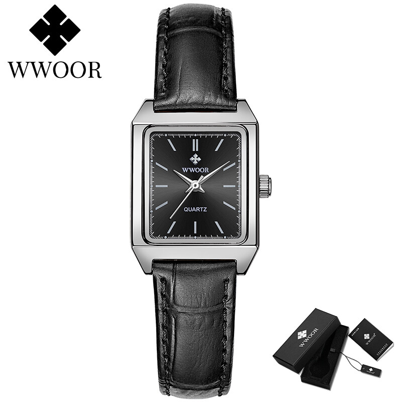 Đồng Hồ Đeo Tay Thương Hiệu Sang Trọng Hàng Đầu WWOOR Cho Nữ Model 8850P Dây Đeo Da Mặt Số Vuông Nhỏ Váy Kiểu Nữ Tính Đồng Hồ Đeo Tay Authentic Quartz Giải Trí