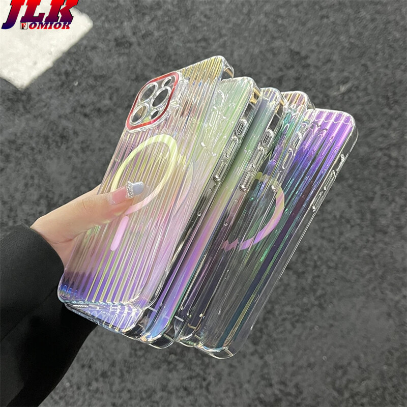 Glitter Laser Lens Invisible Folding Holder For Magsafe N52 Magnetic Case For iPhone 13 12 14 Pro Max Plus Aurora Stripe Clear Cover