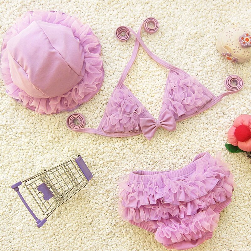 Áo tắm cho bé gái 6-24-36 tháng với chiếc mũ dễ thương bikini ren 3 mảnh