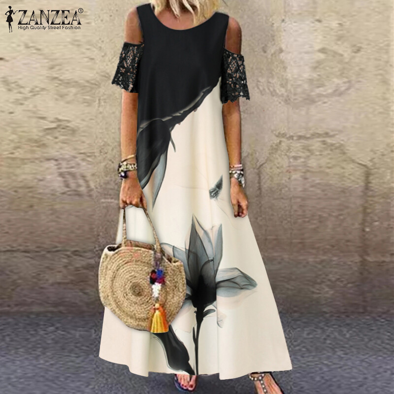 Zanzea đầm suông tay ngắn trễ vai cho nữ đầm dài maxi in hoa