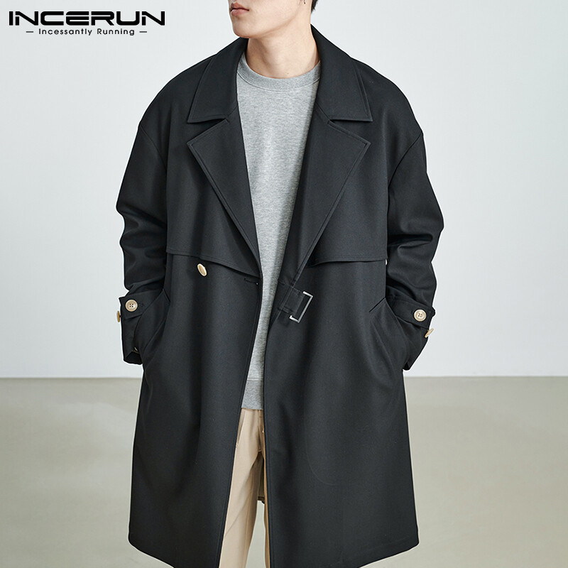 (Phong Cách Hàn Quốc) INCERUN Áo Khoác Nam Dài Tay Cài Khuy Áo Khoác Trơn Túi Hộp Áo Khoác Ngoài Áo Khoác Hippy Thường Ngày