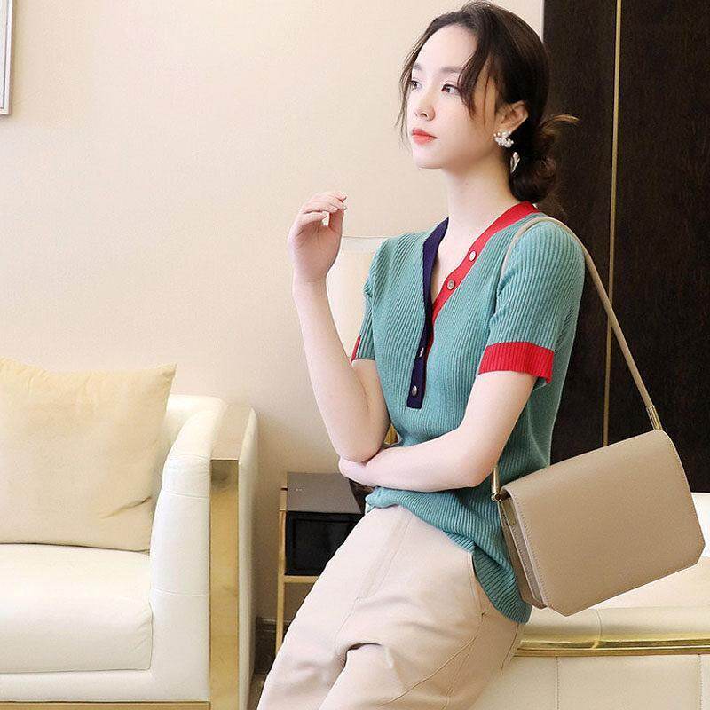   Áo Cánh Nữ Cổ Chữ V Ngắn Tay Mùa Hè Áo Thun Sọc Co Giãn 