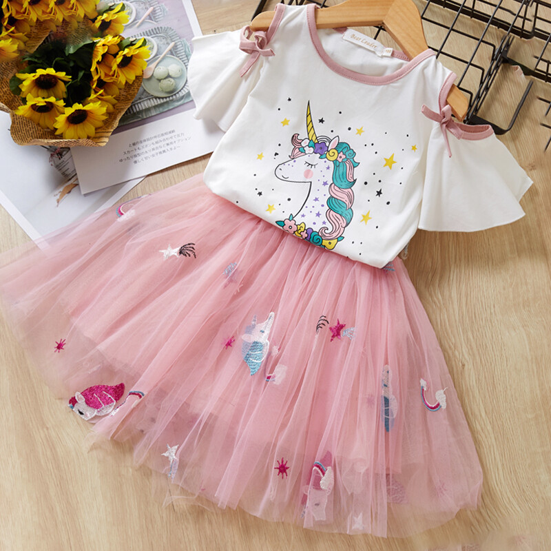 Gấu Leader Dễ Thương Bé Cô Gái Mùa Xuân Quần Áo Mùa Hè Mới Trẻ Em Công Chúa Dresses Mô Hình Kỳ Lân T-Shirt + Váy Ngắn 2Pcs Phù Hợp Với Thương Hiệu Giản Dị Trẻ Em Sinh Nhật Trang Phục Bên Vestidos Đối Với 3-7 Năm