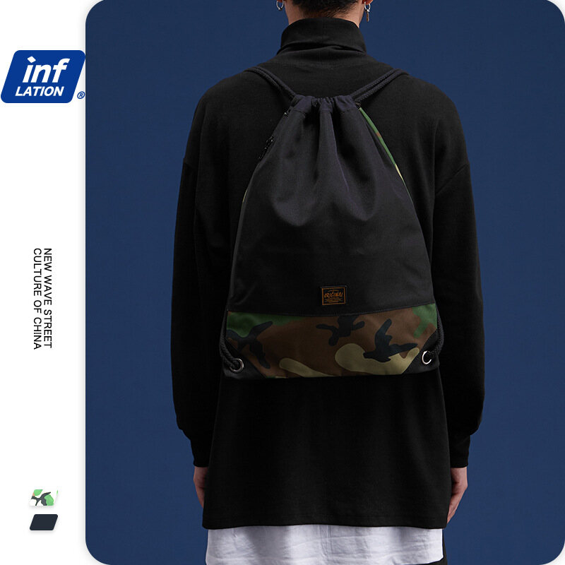Lạm phát Thương Hiệu Bảo hộ lao động phong cách nam thanh niên 2023 mới đơn giản và đa năng màu trơn Màu Ngụy trang phù hợp với du lịch ngoài trời Ba lô học sinh nam túi dây rút