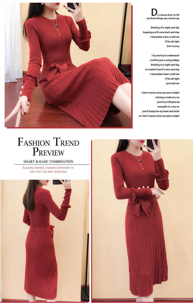 2020 spring new women's long knitted dress long sleeve sweater dress autumn and winter base wool skirt