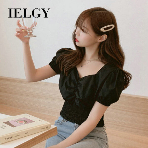 IELGY Cổ Điển Xếp Li Thắt Lưng Co Giãn Cắt Áo Sơ Mi Ngắn Phụ Nữ Cổ Chữ V Áo Dáng Dài Màu Trắng