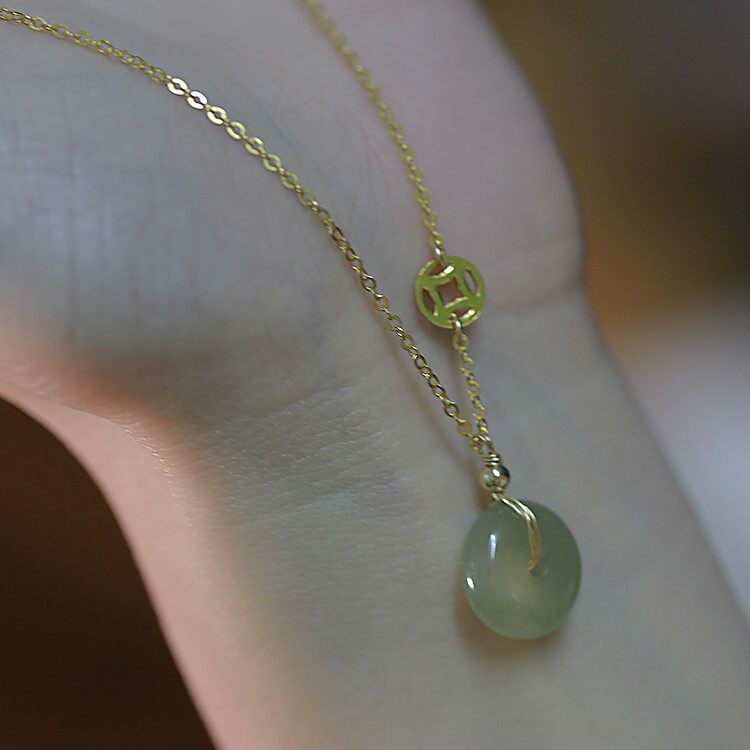 Mặt Dây Chuyền Ngọc Bích Hetian Tự Nhiên Dây Chuyền Vàng 18K Cho Nữ Trang Sức May Mắn