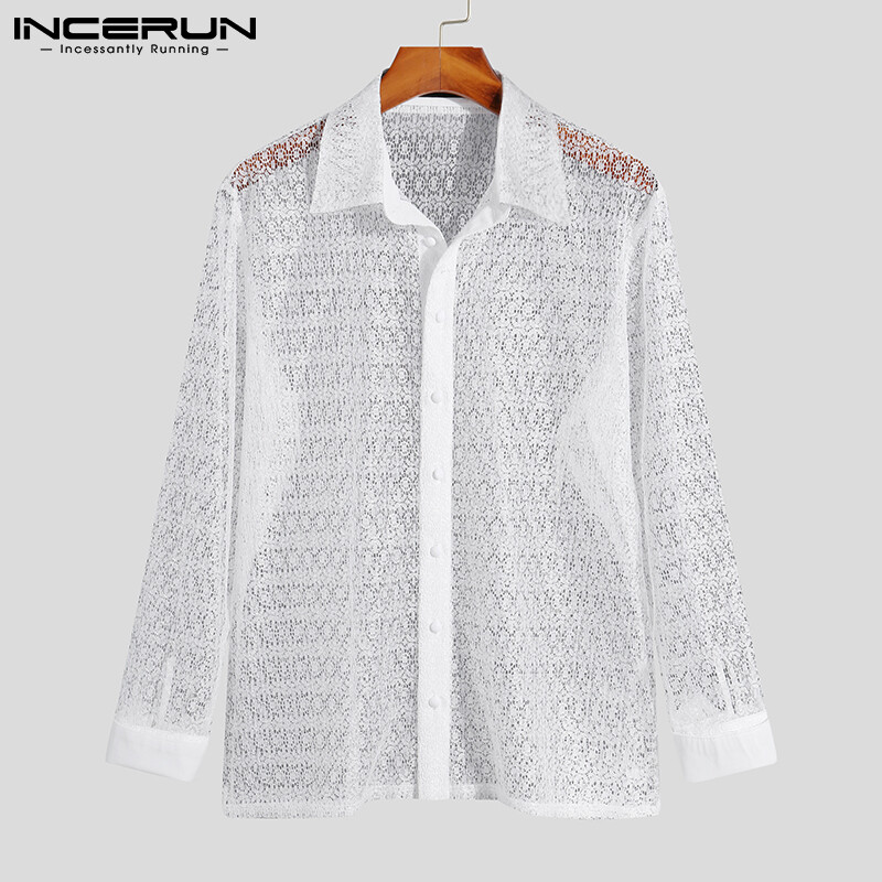Medussa INCERUN Bộ Sưu Tập Lưới Áo Sơ Mi Có Cổ Dài Tay Ren Cho Nam Áo Xuyên Thấu Khiêu Vũ Latin Dự Tiệc