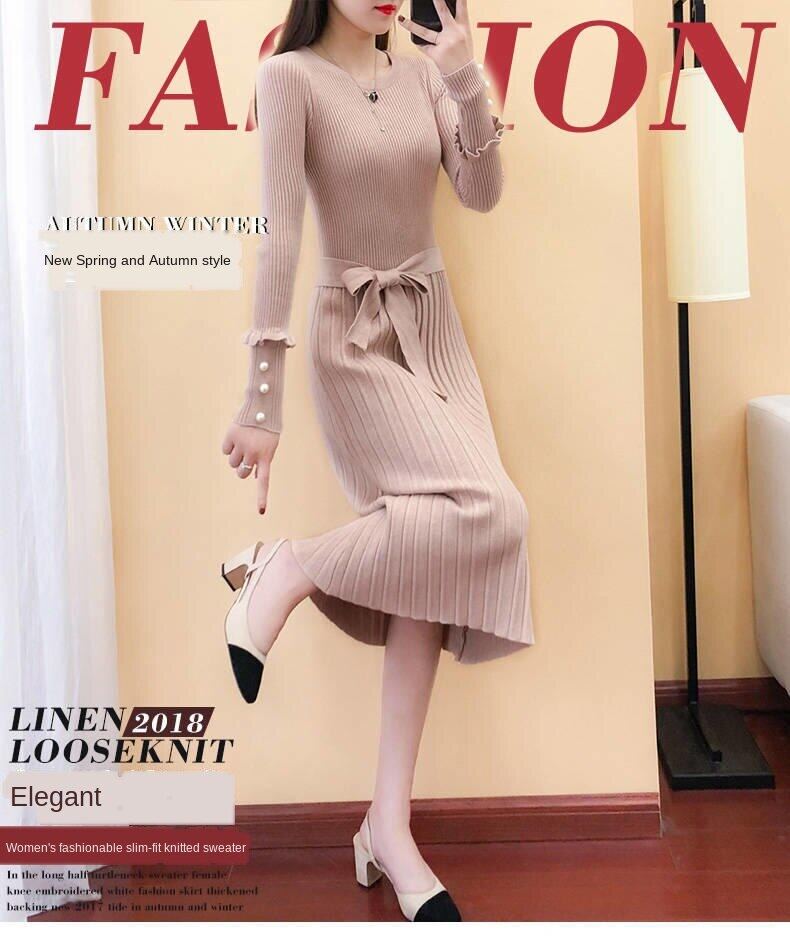 2020 spring new women's long knitted dress long sleeve sweater dress autumn and winter base wool skirt