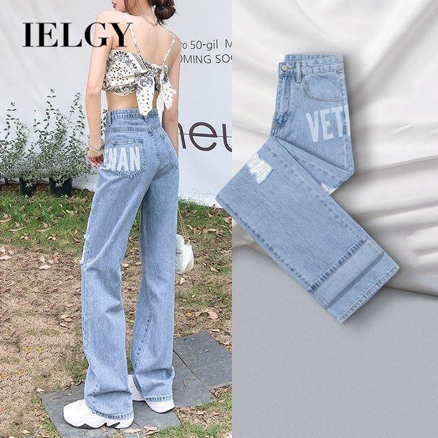 IELGY Quần Bò Ống Rộng Dáng Suông Cạp Cao Thời Trang Rách Xu Hướng Cho Nữ