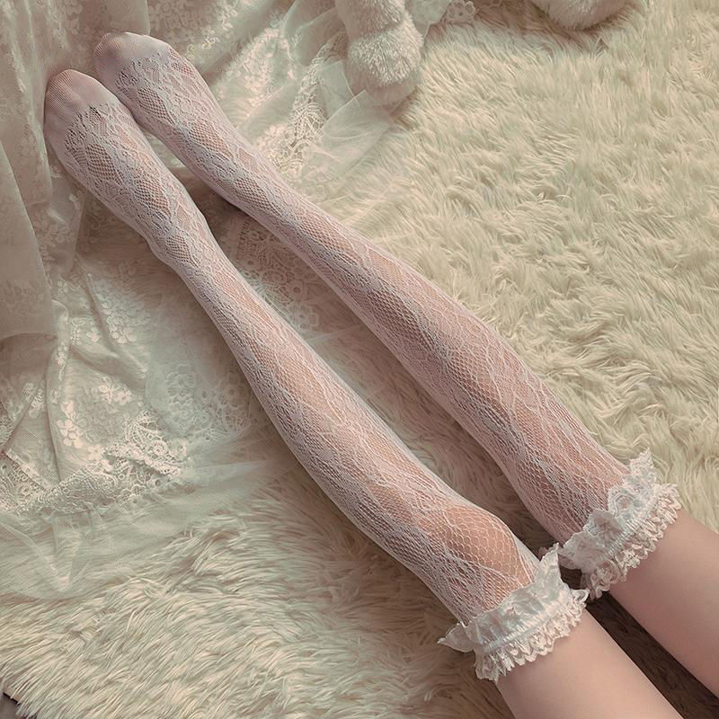 【Oqfu】Lolita Tất Ren Tất Dài Qua Đầu Gối Trong Suốt Đến Đùi Cho Nữ, JK Tất Dài