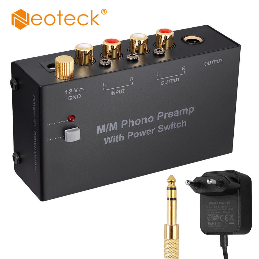 Neoteck bộ tiền khuếch đại phono âm thanh nổi mini bộ tiền khuếch đại bàn xoay mm tiếng ồn thấp với đầu vào và đầu ra rca đầu ra trs 1/4 ''đầu ra 3.5mm đến 6.35mm bộ chuyển đổi