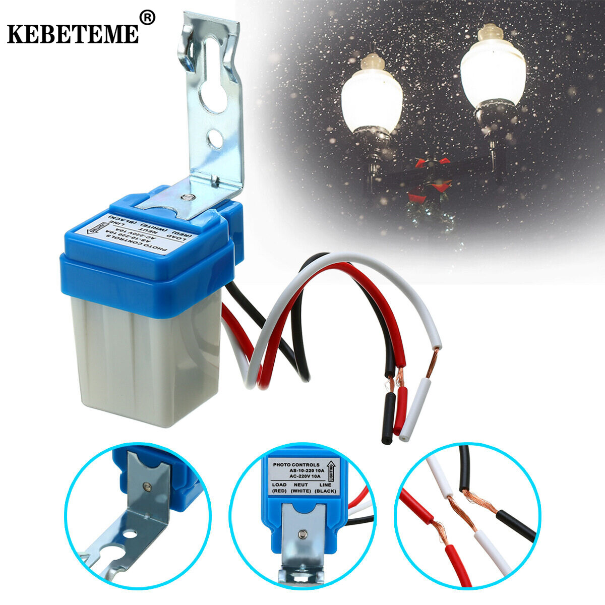 KEBETEME Công Tắc Đèn Đường Tế Bào Quang Điện Tự Động Bật Tắt Cảm Biến Công Tắc Quang Điều Khiển Ảnh AC 12V/24V/110V/220V 50-60Hz 10A