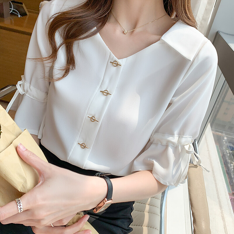 Áo AMMIN, Áo Cánh Đính Hạt Cổ Chữ V Tay Ngắn Tinh Tế Phong Cách Mới Mùa Hè 2021 Áo Voan Thanh Lịch Tay Loe Có Dây Thắt Nơ Co Giãn Phong Cách Phương Tây Cho Nữ