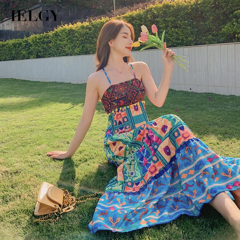 Ielgy đầm ôm eo cao không tay in họa tiết cho nữ