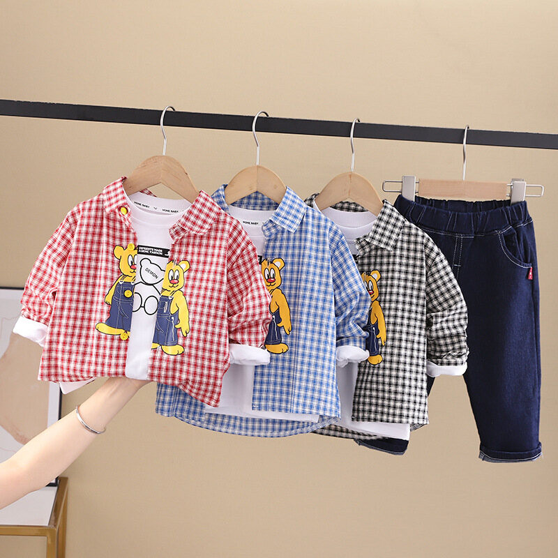 [Hàng Có Sẵn] 3 Chiếc Áo Khoác & Áo Khoác Dài Tay Kẻ Sọc Cho Bé Trai Áo Sơ Mi Hoạt Hình Dài Tay Đầu Thu Cho Bé Trai Bộ Ba Món Thời Trang Thường Ngày Xuân Thu