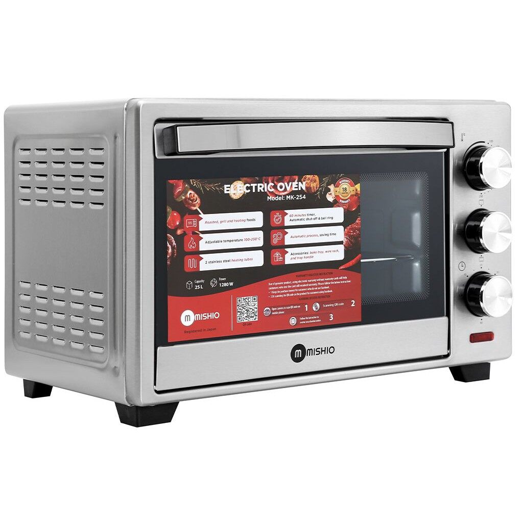Lò nướng điện dung tích 25l mishio gia nhiệt 2 tầng nướng ngon hơn, vỏ inox 100% không rỉ sét an toàn & bền bỉ bảo hành 12 tháng