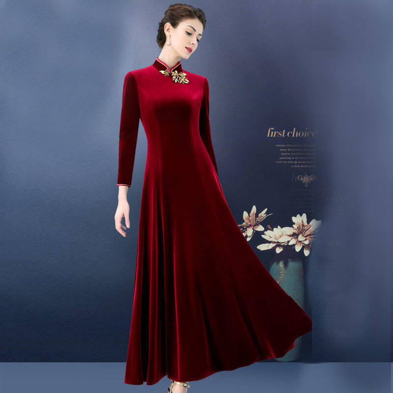 EKP422 Sườn Xám Mùa Thu Đông Phong Cách Trung Quốc Nhung Vàng 2021 Đầm Sườn Xám Dài Che Bụng Quá Khổ Bó Eo