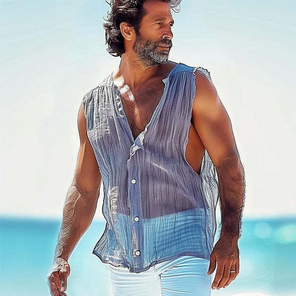 Cross-border European and American New Men's Sleeveless Vest Solid Color v Collar Summer Casual Fashion Button-Up Shirt Elegant Versatile
