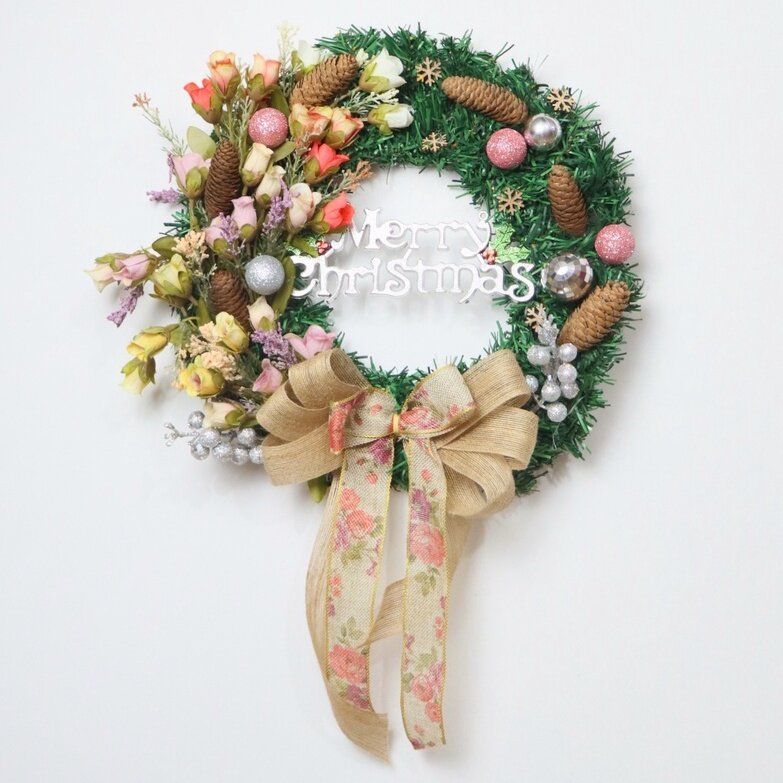 Vòng Hoa Trang Trí Noel D50 size 40cm Tặng Kèm Đèn, Vòng Nguyệt Quế Giáng Sinh