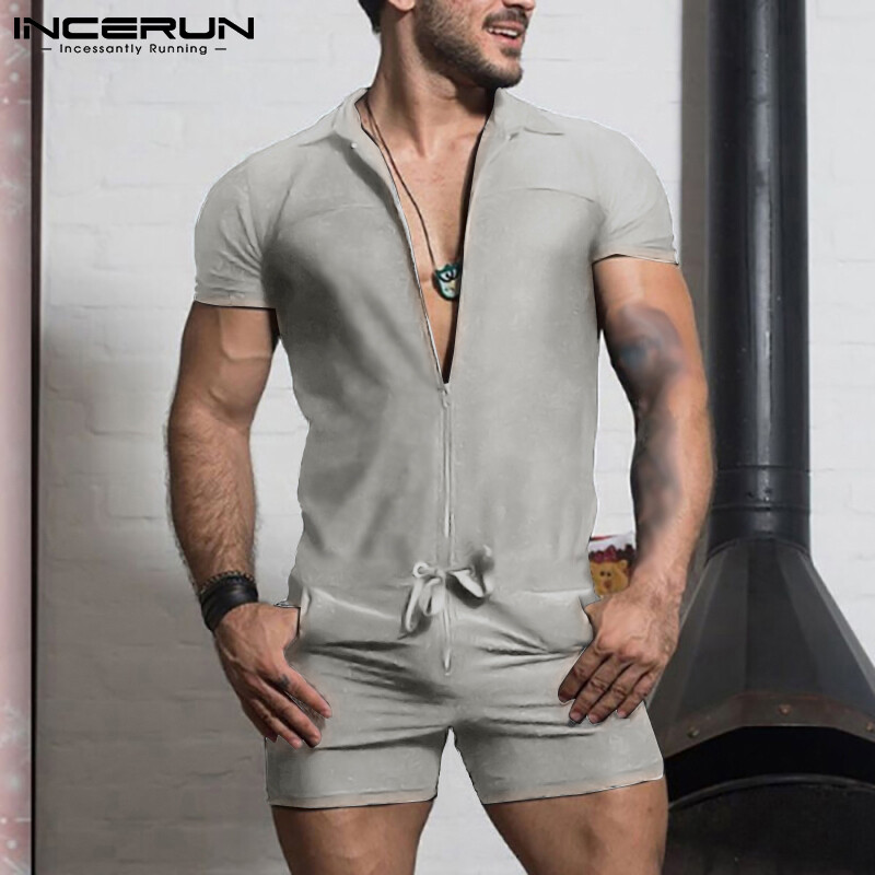 (Phong Cách Phương Tây) INCERUN Áo Liền Quần Ngắn Tay Cho Nam V-Cổ Phù Hợp Với Dây Rút Playsuit Quần Đùi Có Khóa Kéo