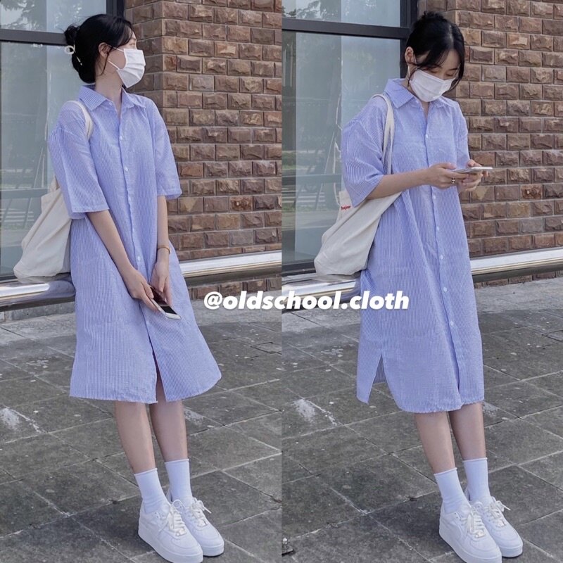 Đầm sơ mi kẻ xốp ulzzang