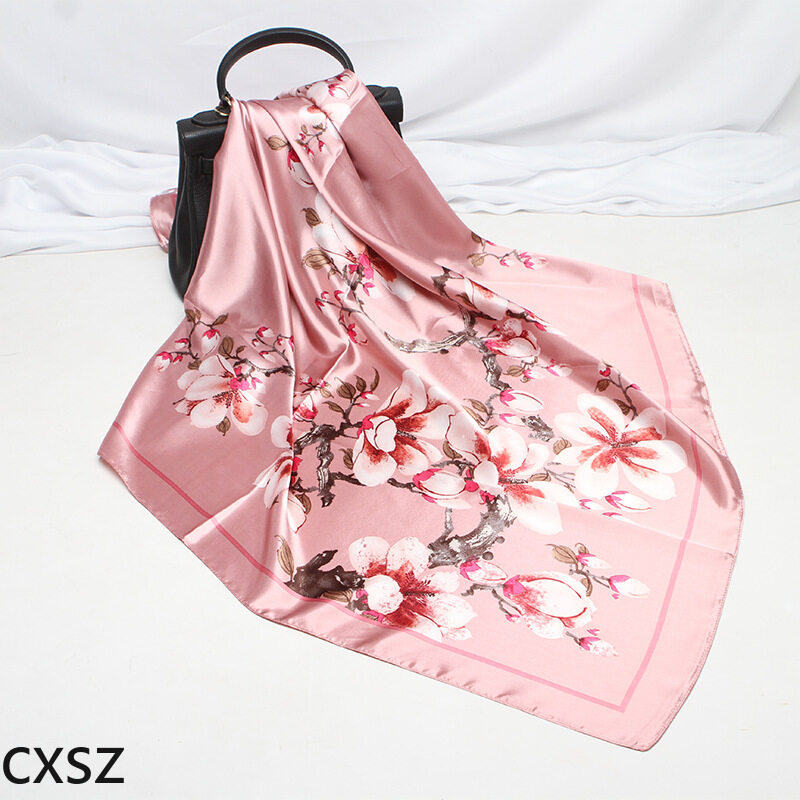 CXSZ 2020ใหม่ผ้าพันคอผ้าไหมเทียมหญิงต้นองุ่นดอกไม้สีฟ้าพิมพ์90ผ้าพันคอฮิญาบทรงเหลี่ยมผ้าพันคอ