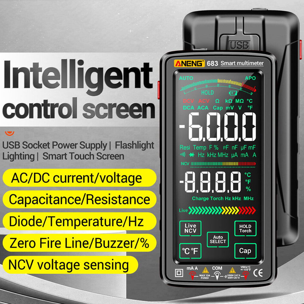 Aneng đồng hồ vạn năng chuyên nghiệp kỹ thuật số có thể sạc lại 681 không tiếp xúc vôn kế ac/đồng hồ đo điện áp một chiều màn hình cảm ứng dụng cụ kiểm tra dòng điện