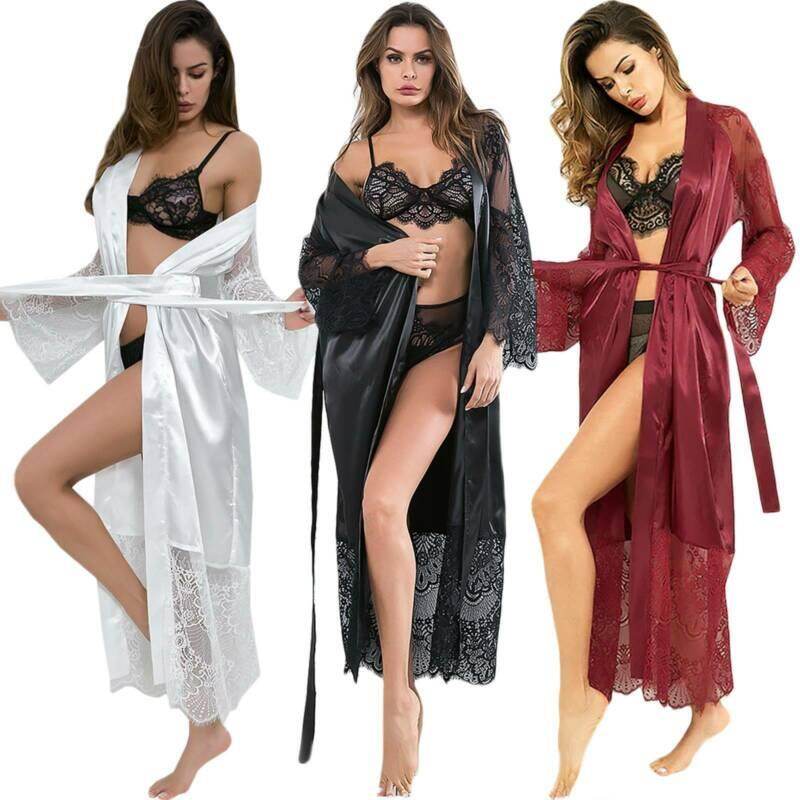 Áo choàng nữ gợi cảm đầm quấn lụa satin ren quần áo ngủ maxi dài áo ngủ