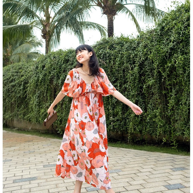 Đầm maxi len clothing hoa cam cổ bèo 813200