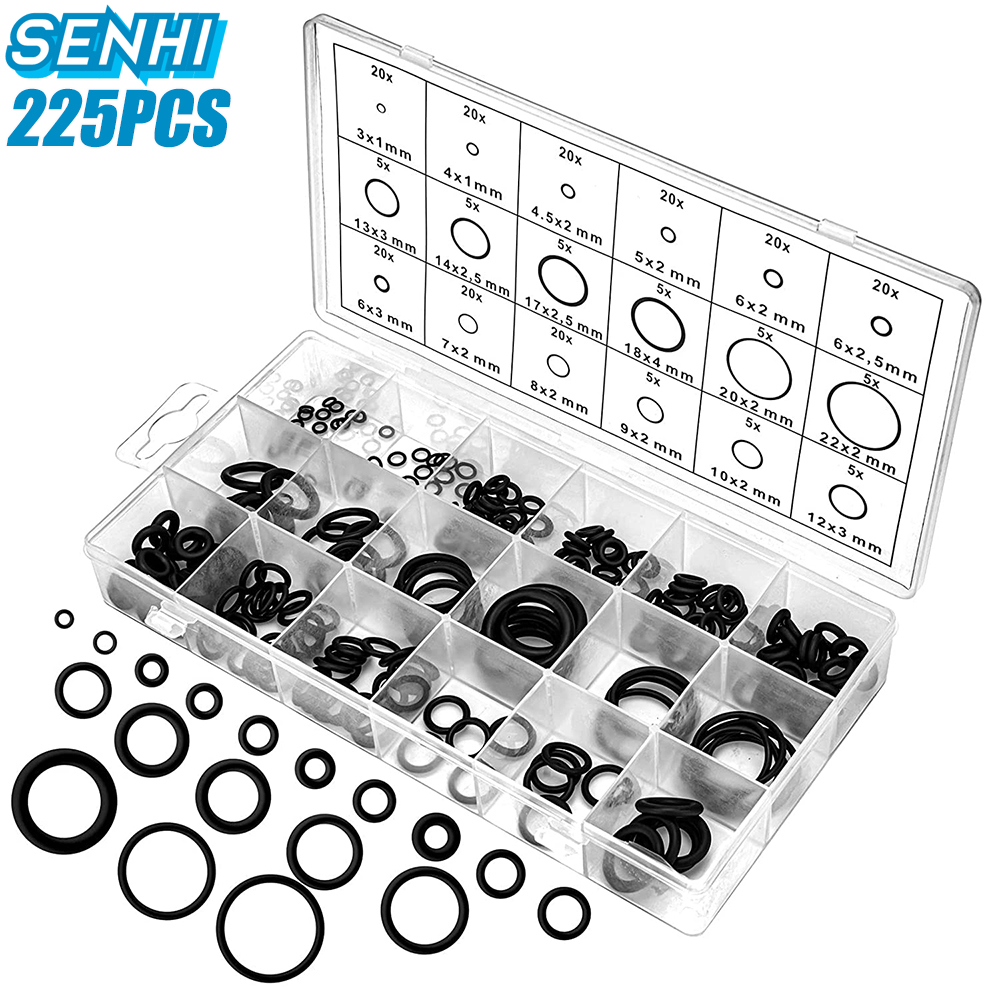 Senhi bộ 225 chiếc vòng chữ o cao su nitrile màu đen kèm hộp vòng bít dầu vòng đệm ống nước vòng đệm vòng đệm