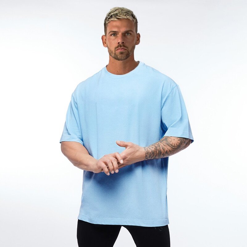Men's Oversized T shirt Solid Mesh Gym Clothing Bodybuilding Fitness Loose Sportswear T-shirt Streetwear Hip Hop Tshirt