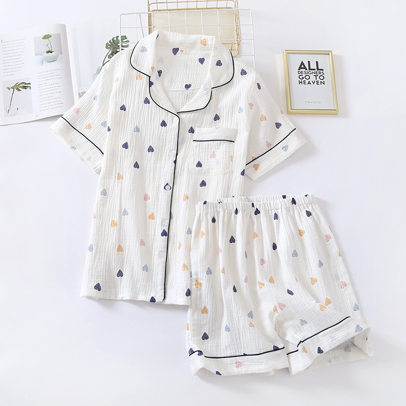 Bộ đồ ngủ nữ ngắn tay vải xô cotton mới mùa hè nhật bản bộ đồ ngủ bộ đồ phục vụ tại nhà mỏng hình trái tim dễ thương thanh lịch cho nữ