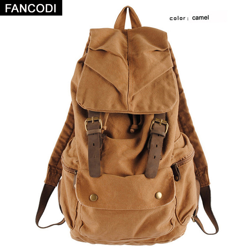 FANCODI Fashion Vintage Leather military Canvas Backpack Men's Backpack Women School Bag Travel knapsack drawstring backpack male rucksack Bagpack 2105