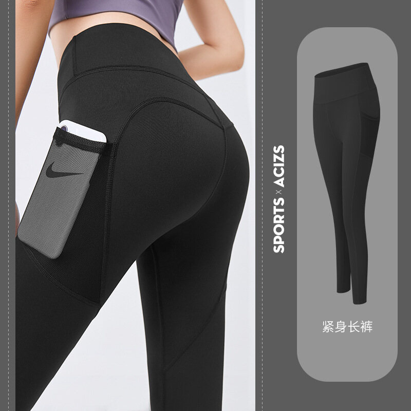 Jogging Long Yoga Pants Anti Cellulite Pants Women Muslimah with Pockets Women's Summer Buttocks Fitness Pants Thin Quick-drying Stretch Tight Mesh Side Pockets Running Bottoming Yoga Clothes - 3